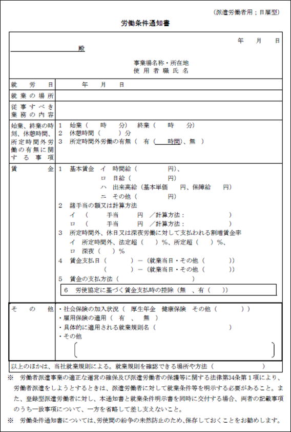 労働条件通知書（日雇型）の作成例